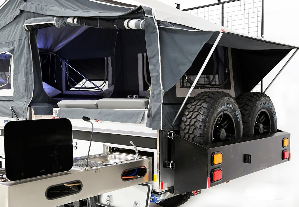 4 3 2 Person Tent Trailer Mounted Off Road RV Variety All-Terrain Tires Large Sleeping Area Complete Water System