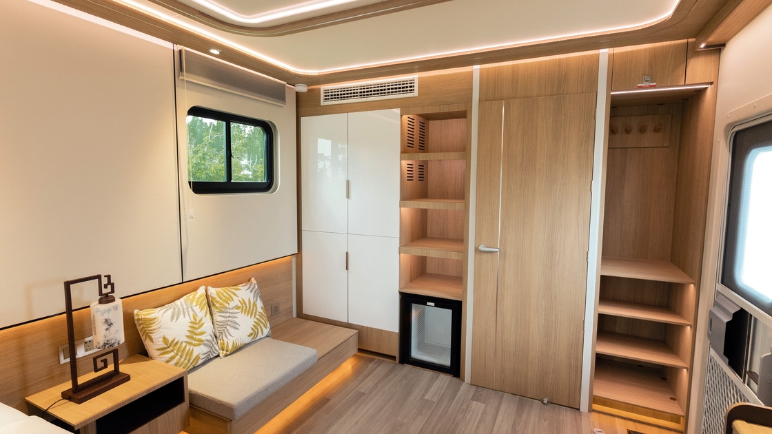 Counter Booth Meeting Area Hotel Trailer With Double Bed Eco Friendly Curtain Luxury Camper Trailer Rv